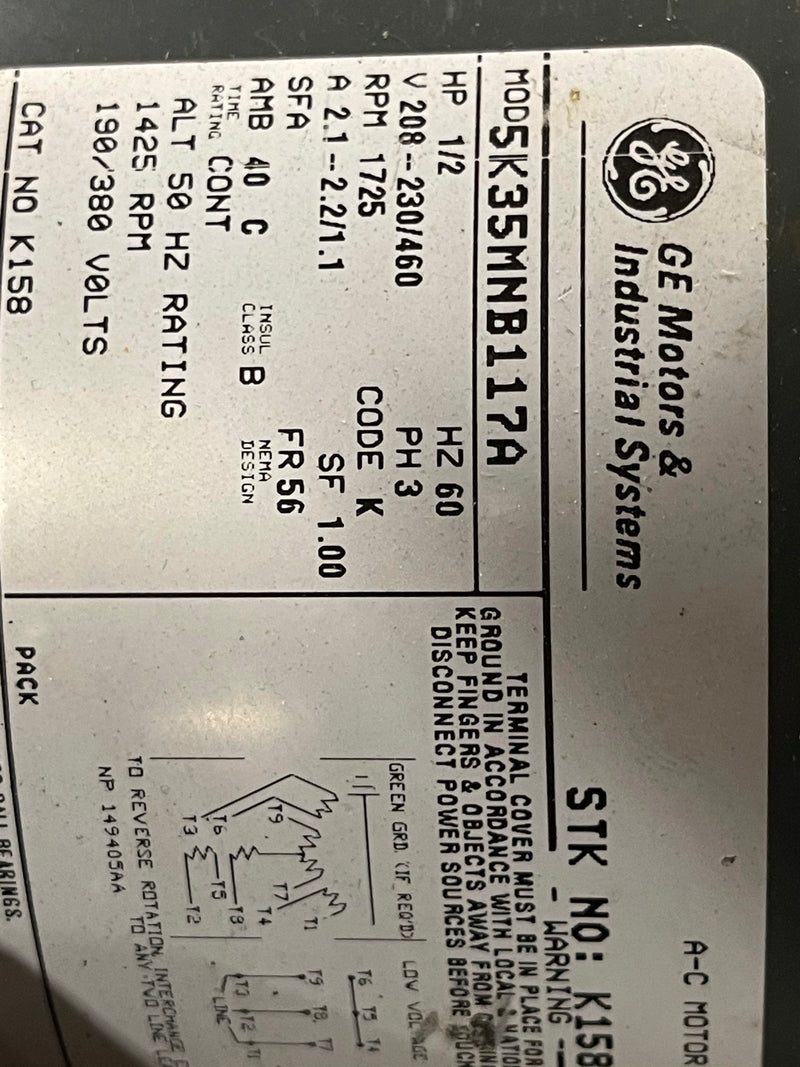 GE 1/2 HP Motor 1725 RPM 3 Phase 60HZ 5K35MNB117A