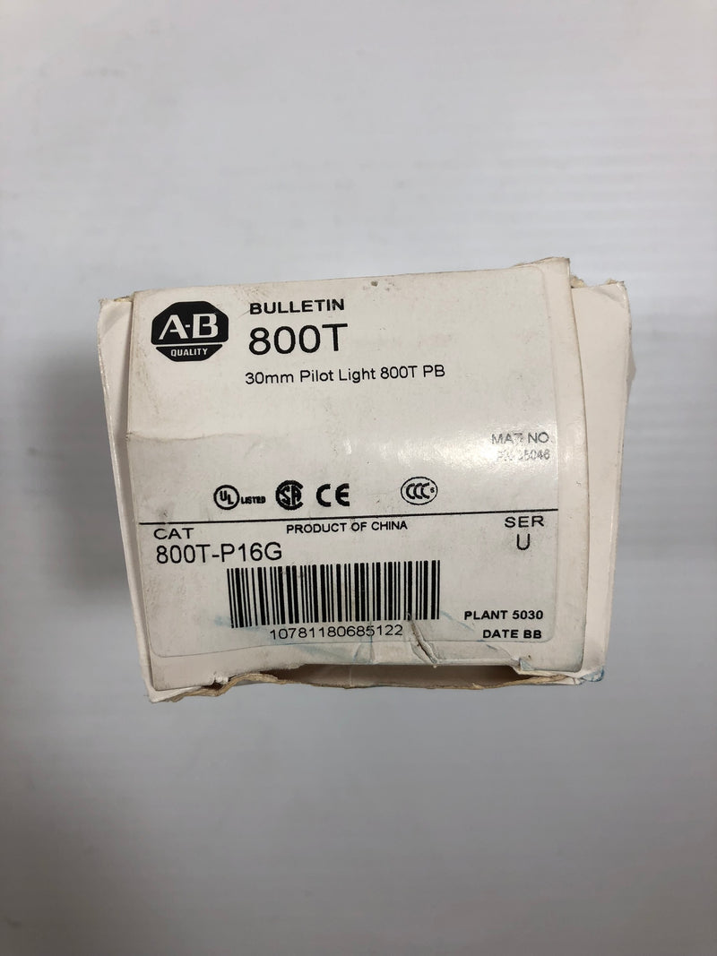 Allen Bradley 800T-P16G Series U Green Lens Pilot Light Push Button