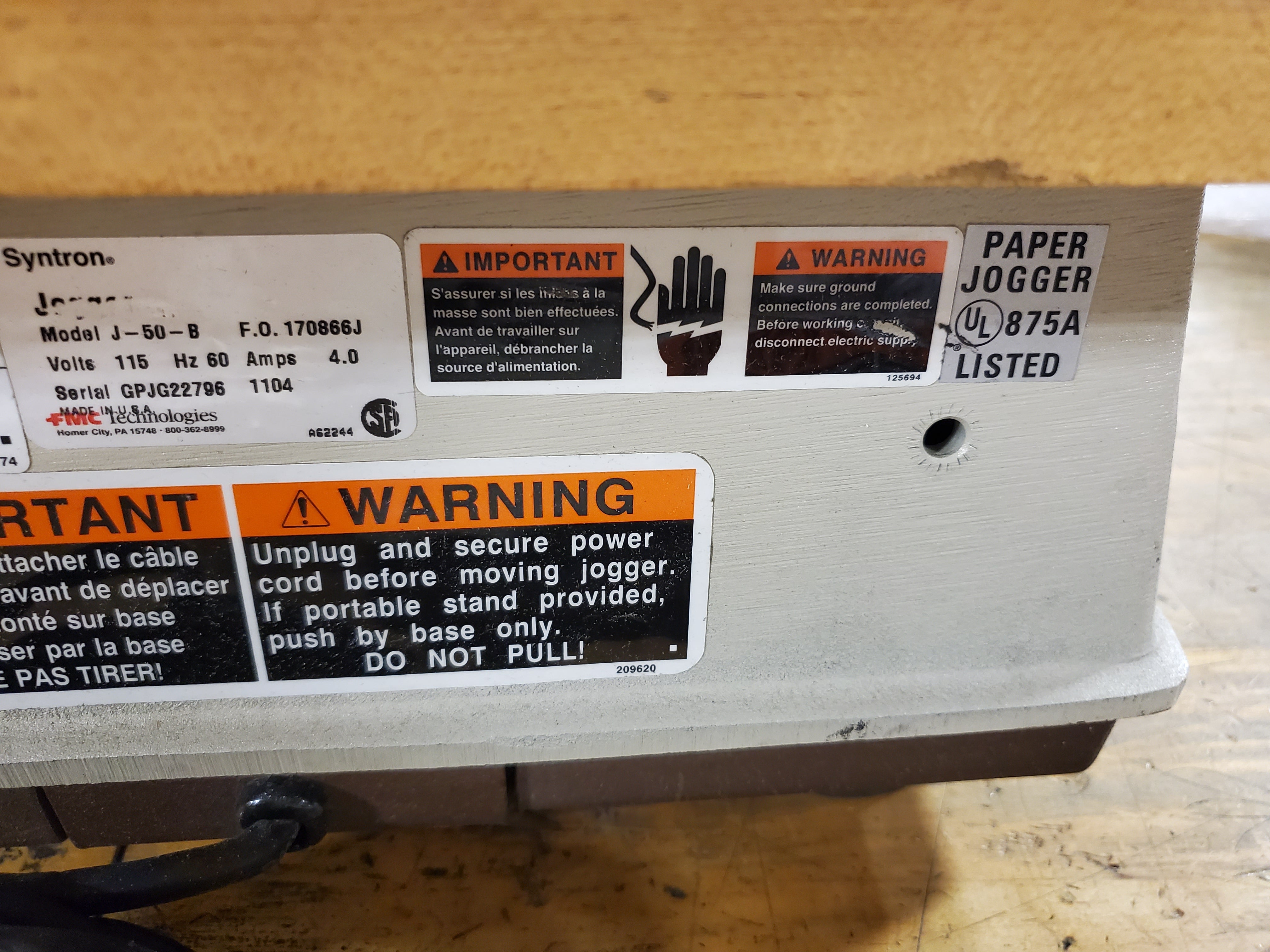 FMC Syntron J-50-B Flat Deck Paper Jogger Shaker Table