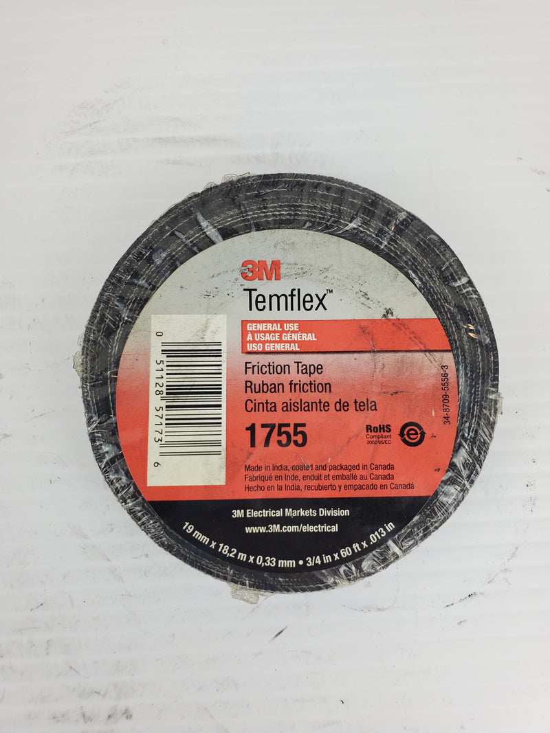 3M Temflex 1755 Friction Tape Black General Use 3/4"x60 x0.13" 34-8709-5556-3