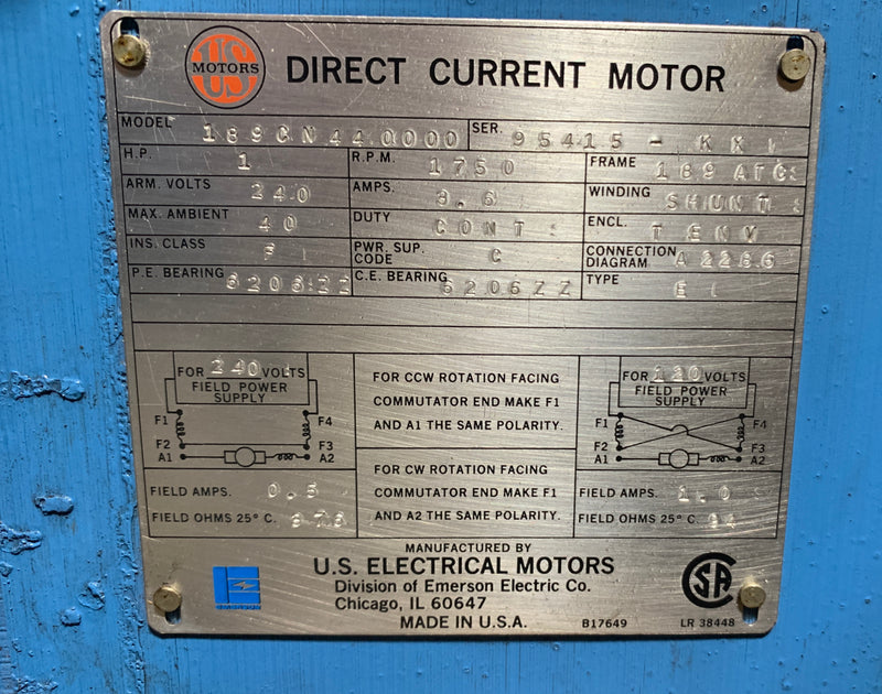 US Motors Direct Current Motor 189CN44.0000 1 HP 1750 RPM