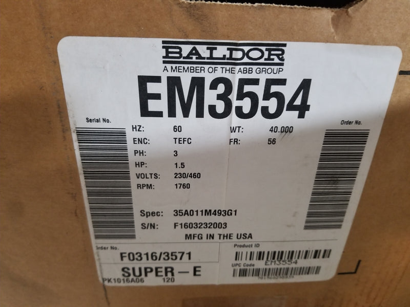 Baldor EM3554 1-1/2HP 3 Phase Electric Motor