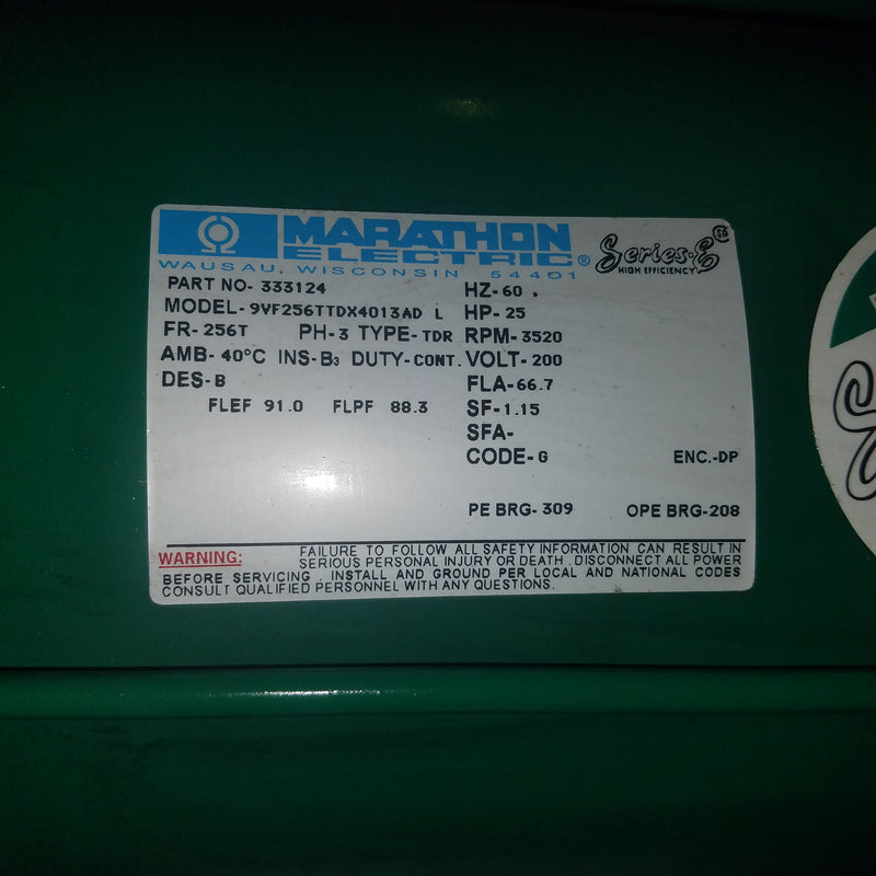 Marathon Electric 9VF256TTDX4013AD L Motor 333124 25HP 200V 3PH 3520 RPM 256T