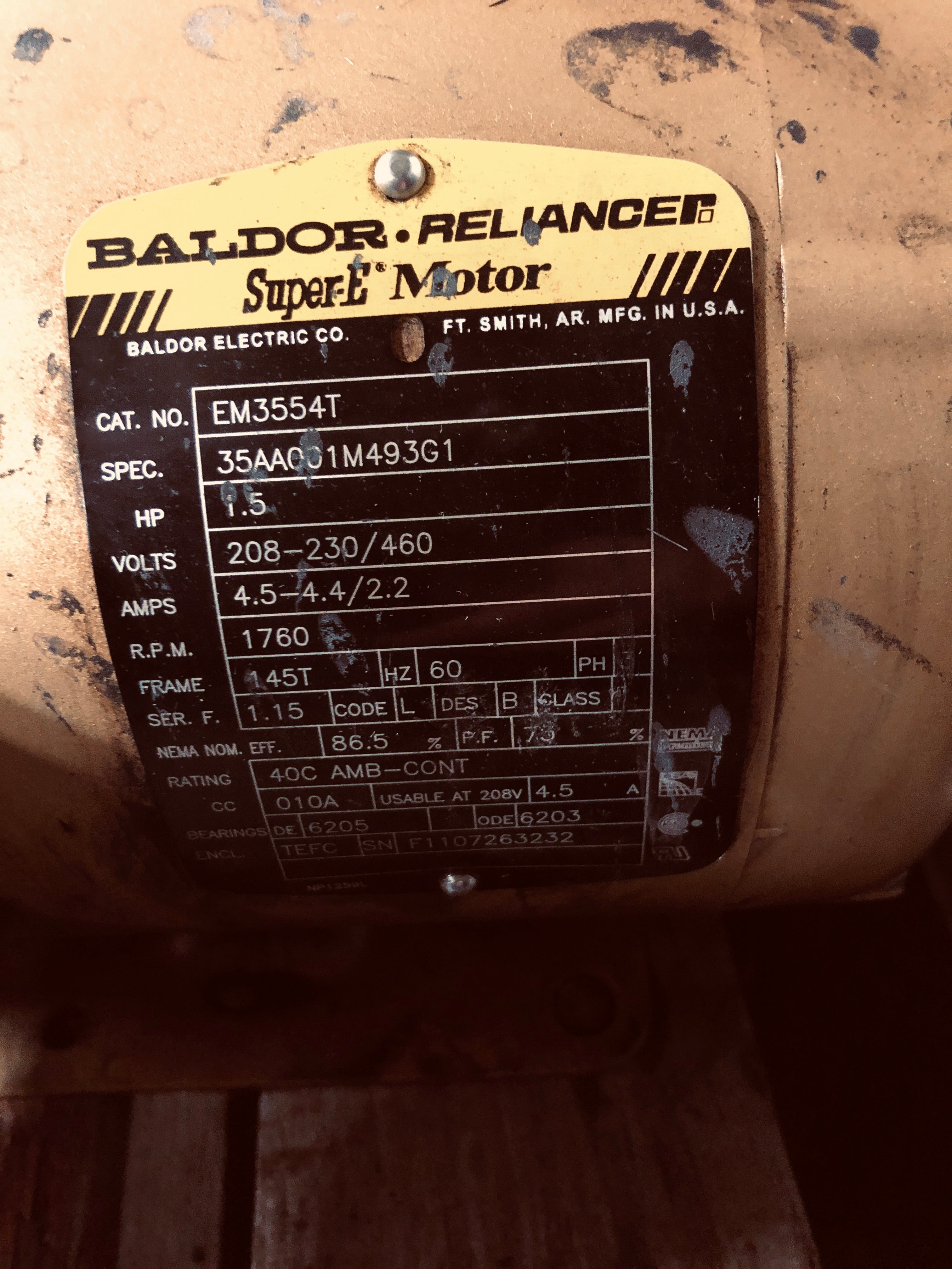 Baldor EM3554T Super E Motor 1.5 HP 1760 RPM