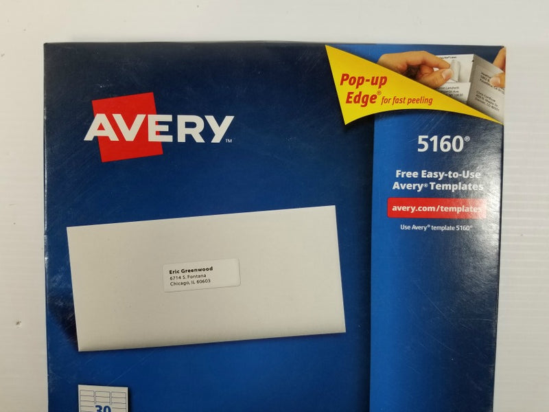 Avery 5160 Easy Peel Address Laser Labels 1" x 2-5/8" White 3000 Count 100 Pgs