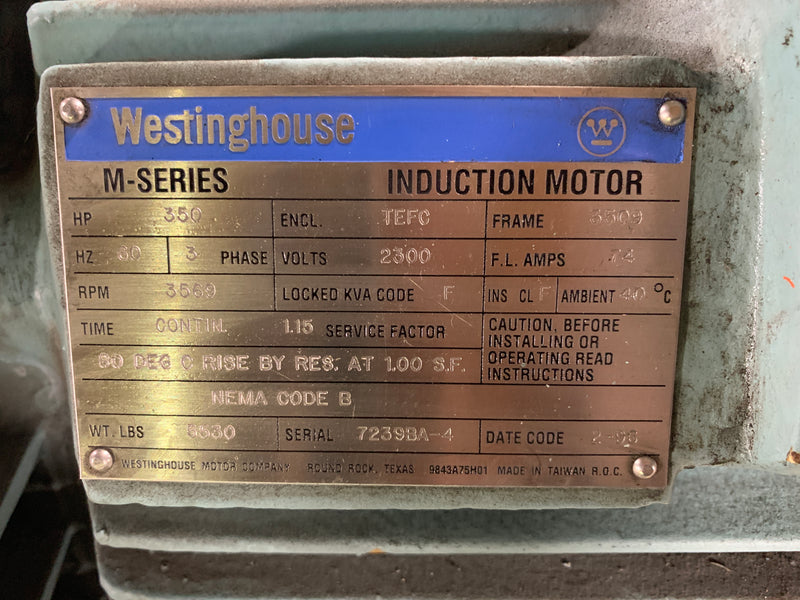 Westinghouse M-Series 350 HP Induction Motor 3569 RPM 3PH