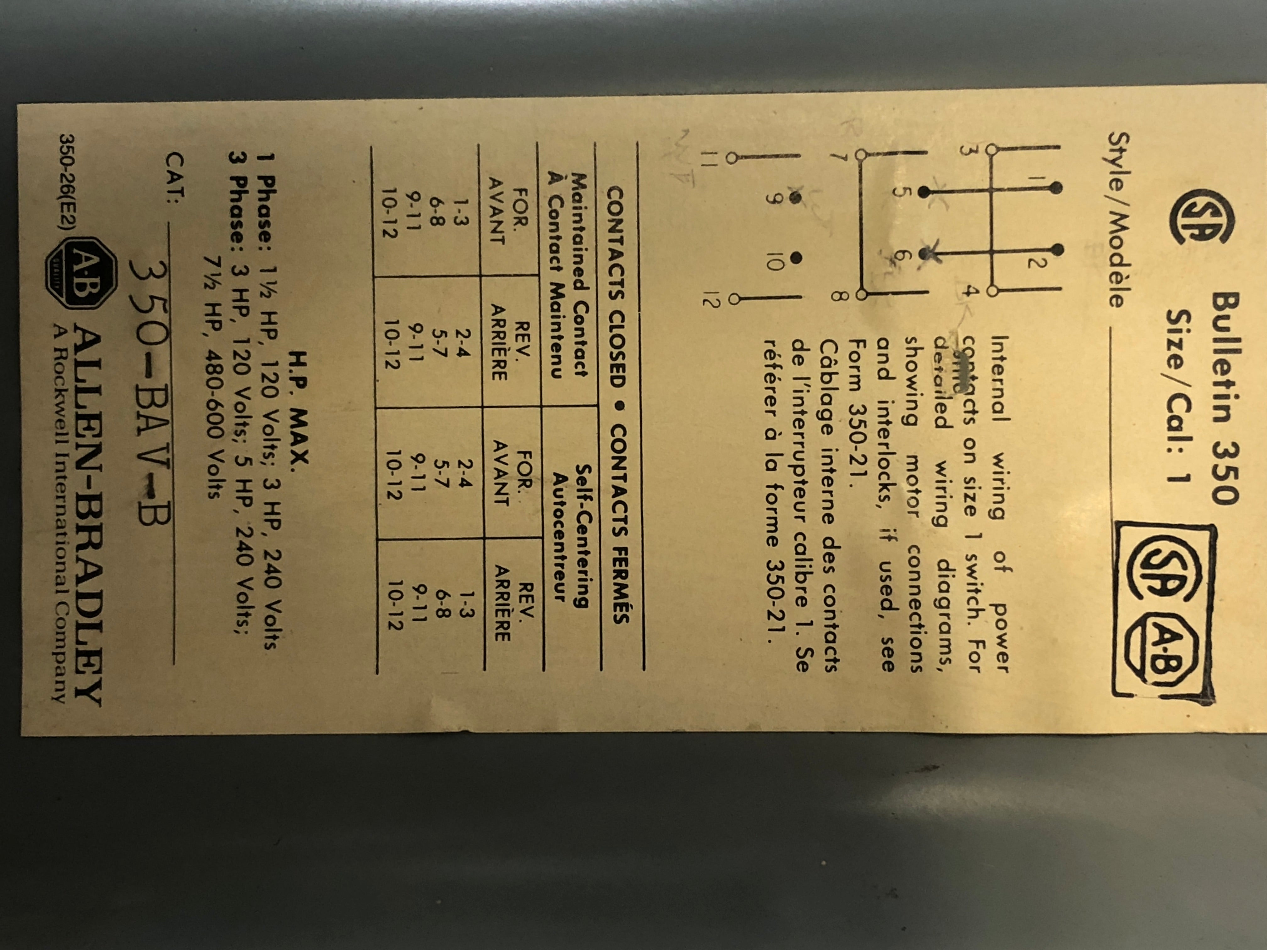 Allen-Bradley 350-BAV-B Reversing Drum Switch with Hubbell 21415B and Cable