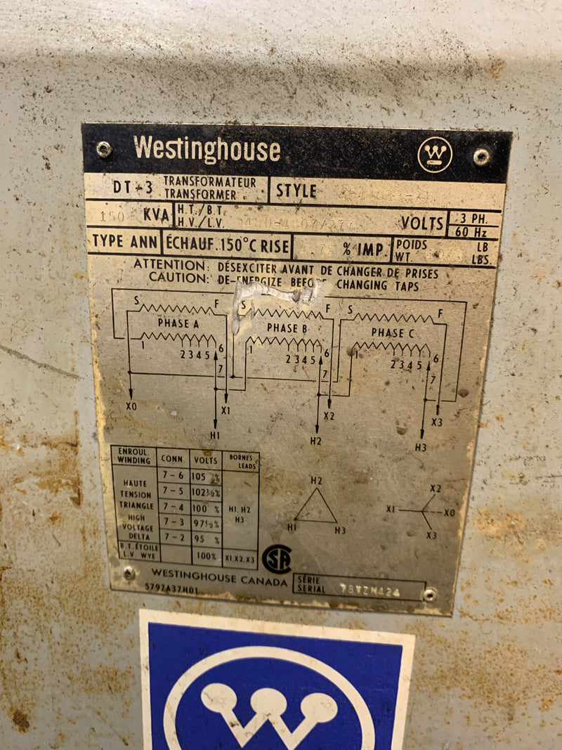 Westinghouse Transformer CP44633-2 150 KVA 3 PH