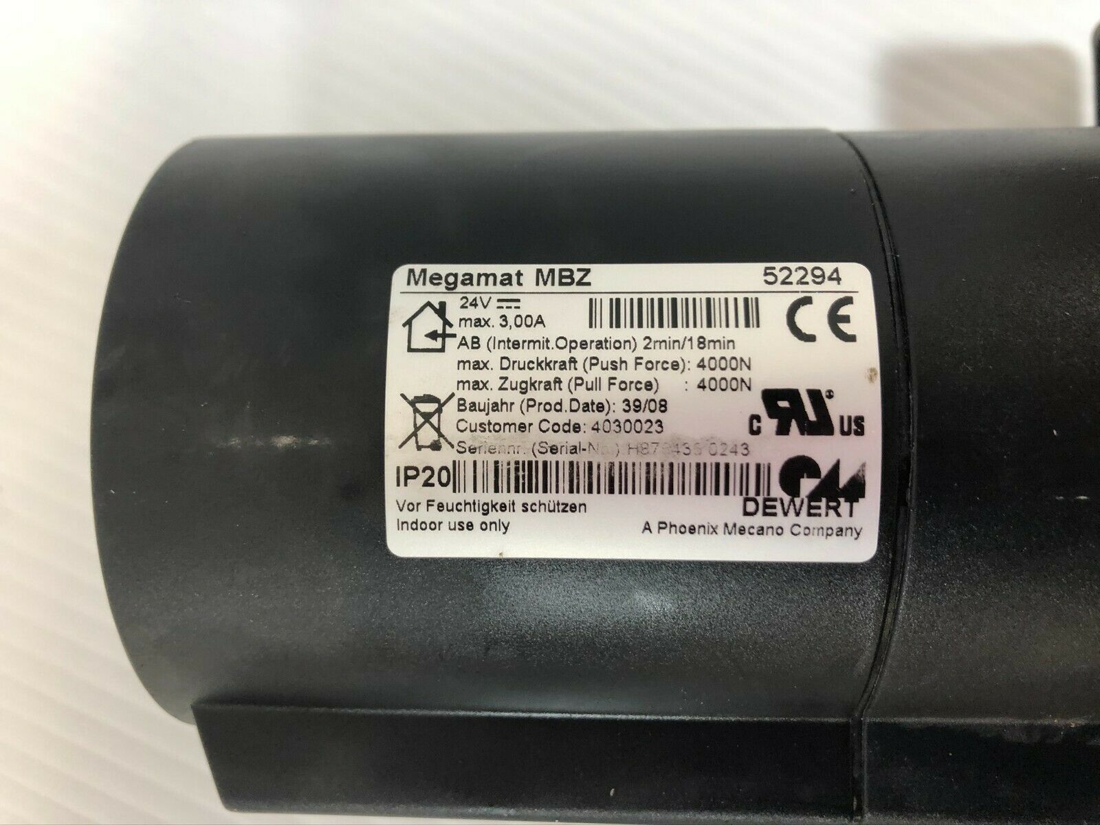 Dewert Megamat MBZ 52294 Linear Actuator Motor Chair Lift 24V 4000N 3A