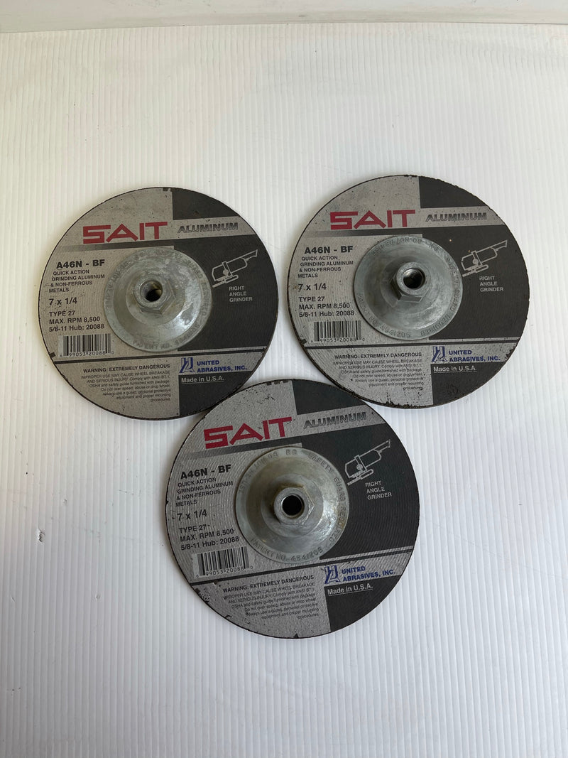 Sait A46N-BF Aluminum Grinding Wheel 7" x 1/4" Lot of 3