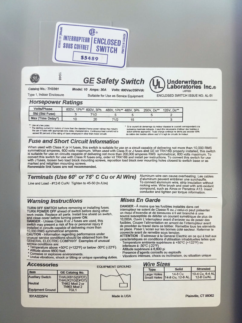 GE TH3361 Model 10 Safety Switch Heavy Duty Disconnect 600VAC/250VDC 30A Type 1