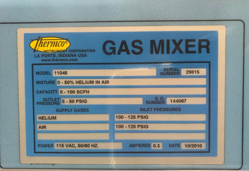 Thermco Gas Mixer 11045 0-50% Helium 0-100 SCFS 5-50 PSIG