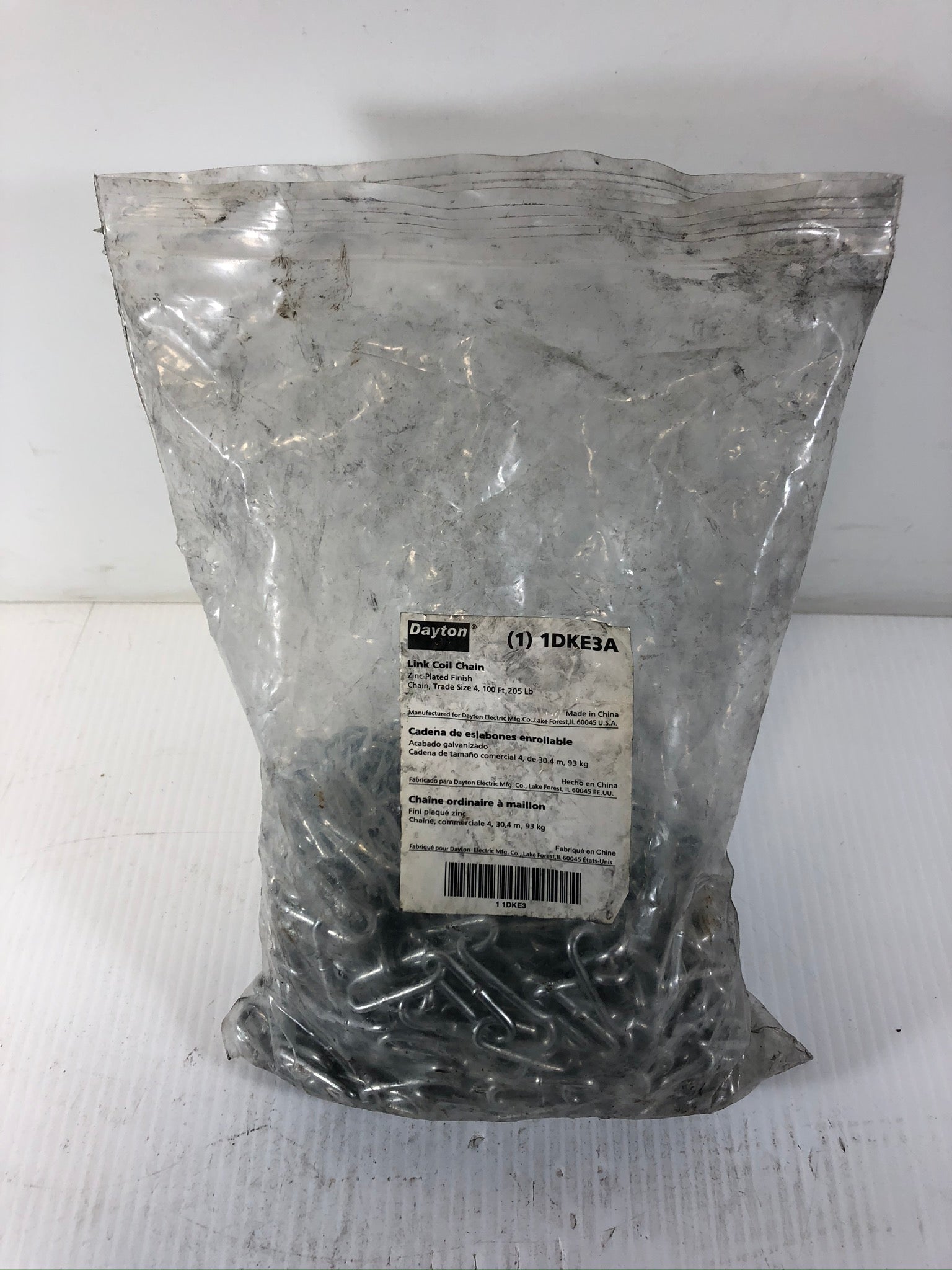 Dayton 1DKE3A Link Coil Chain Zinc-Plated Finish, Trade Size 4, 205 lbs.
