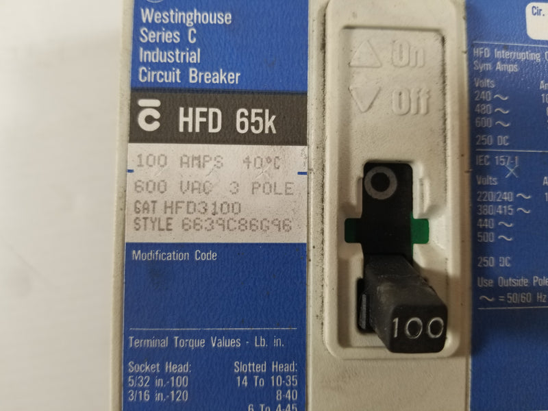 Westinghouse HFD3100 3-Pole 100A Industrial Circuit Breaker