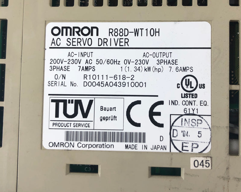 Omron R88D-WT10H AC Servo Driver 200V 0.85-1.0kW For Parts