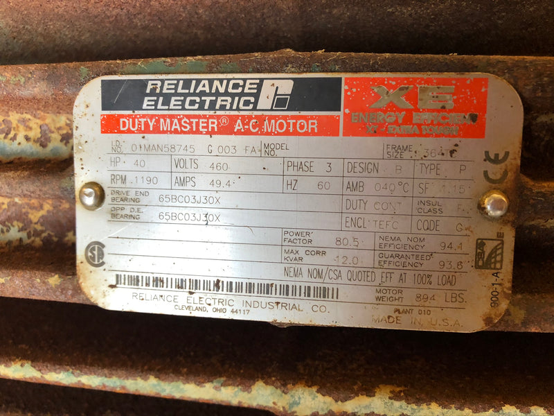 Reliance Electric 01MAN58745 G003 FA Motor 40 HP 1190 RPM 3PH 364TC