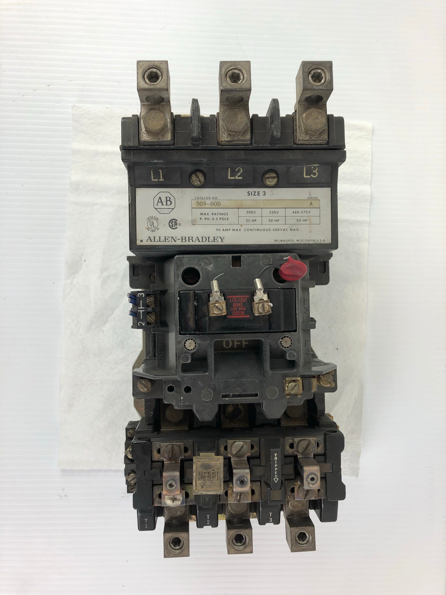 Allen-Bradley 509-DOD Size 3 Contactor 565-A Contact 592-DOW16 Relay