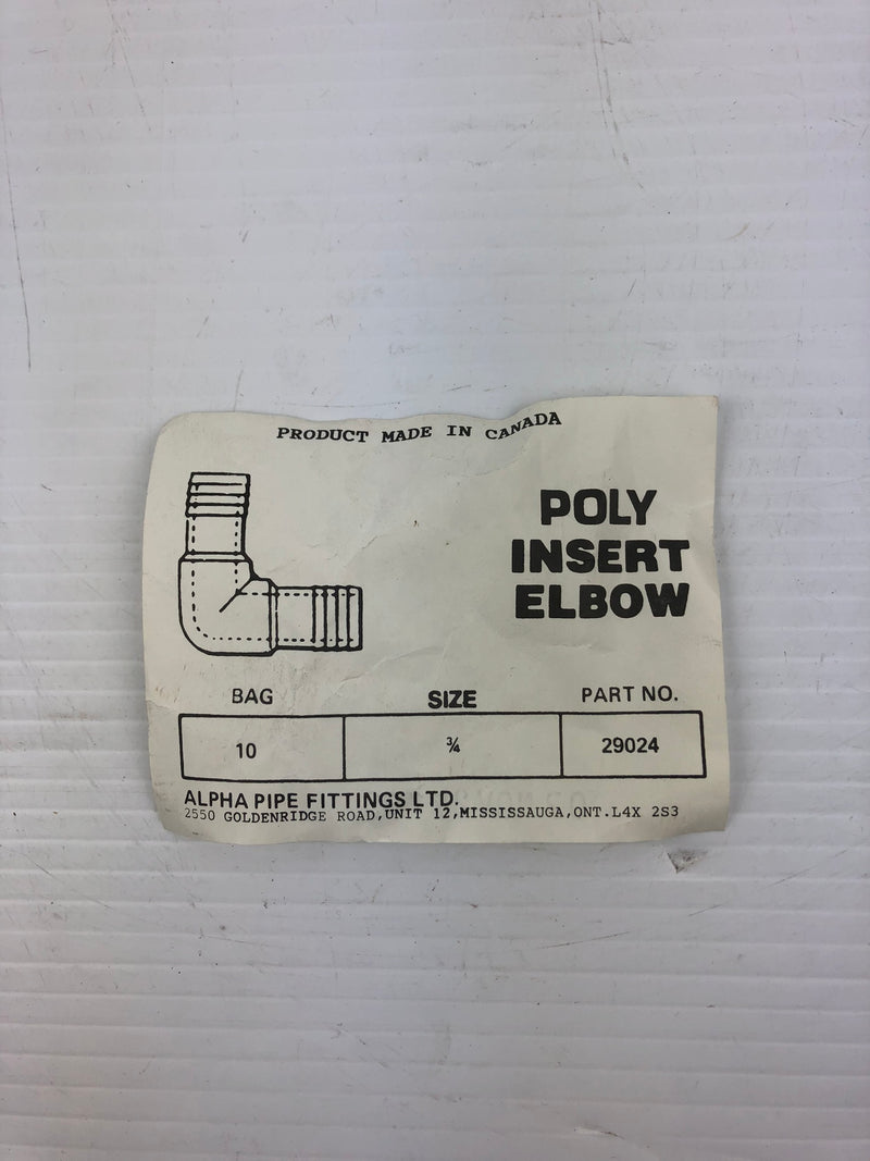 Alpha Pipe Fittings Ltd. 29024 Poly Insert Elbow 3/4" - Lot of 10