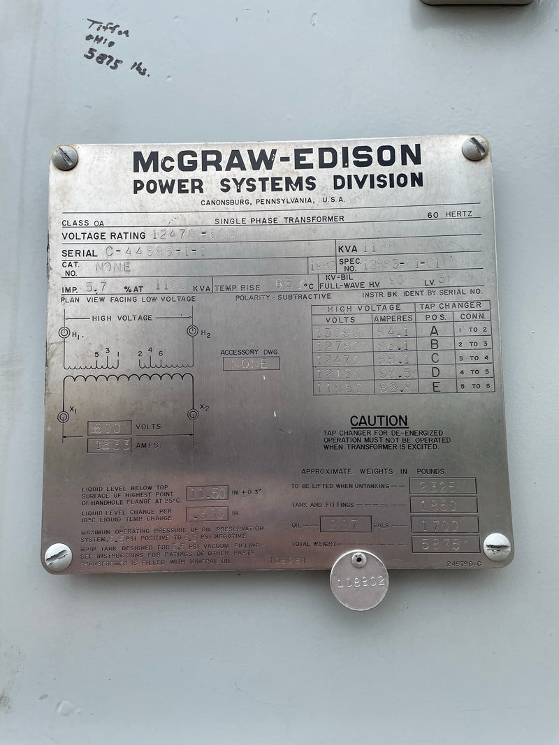 McGraw-Edison Single Phase Transformer 12470-600V 1100kVA 60 Hz C-44586-1-1