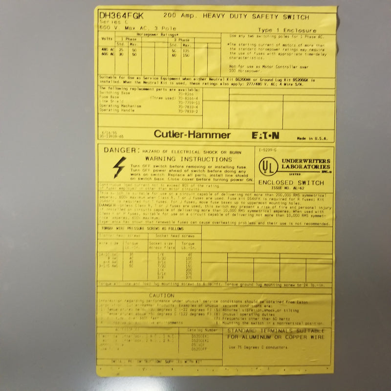 Cutler-Hammer DH364FGK 600V 200A Heavy Duty Safety Switch