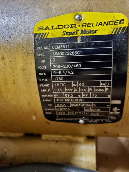 Baldor Reliance Super E Motor CEM3611T 3HP 60HZ 182TC Frame 1760RPM
