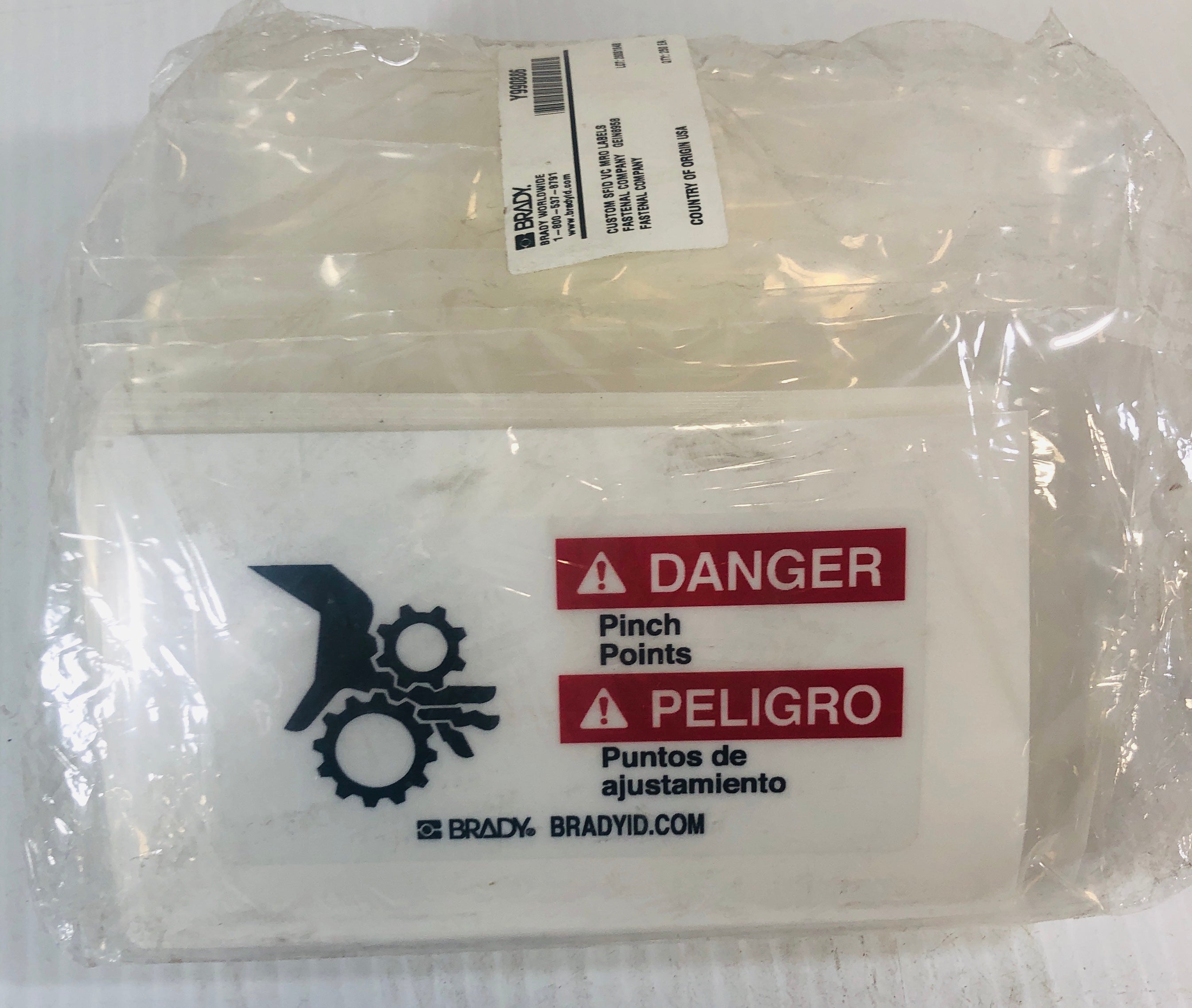 Brady Stickers "Danger Pinch Points" Spanish English 2 x 4" Y990886 - Lot of 250