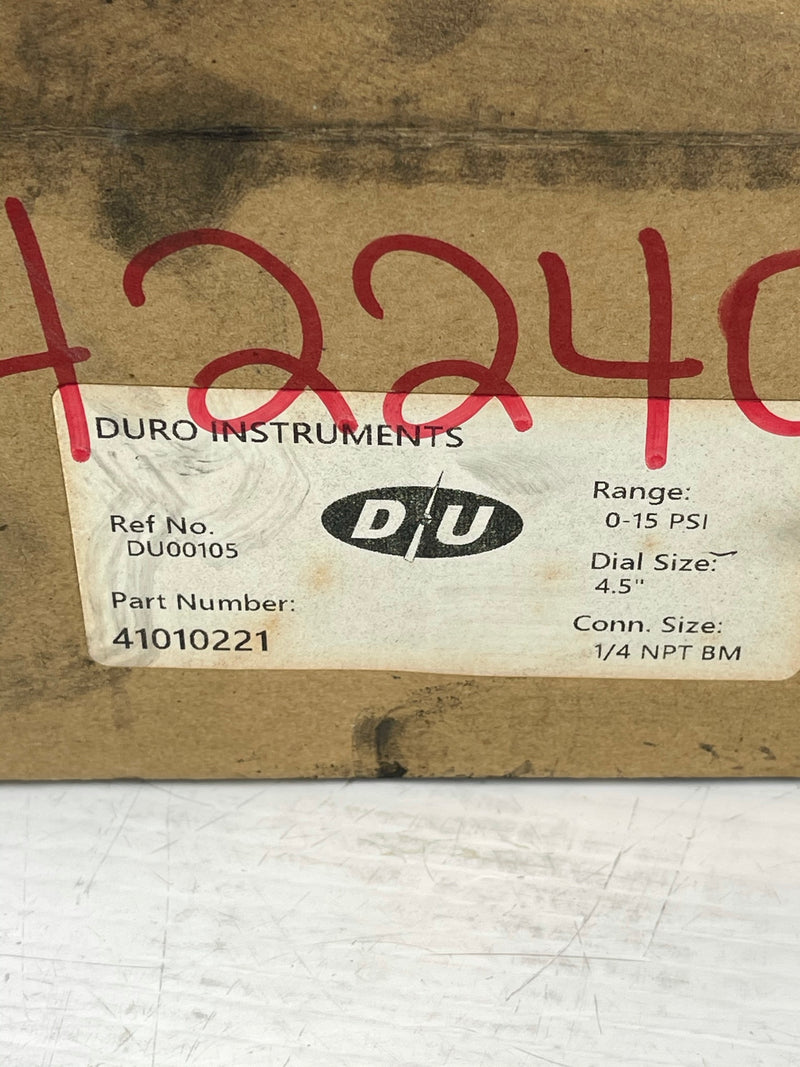 Duro Instruments Gauge 41010221 0-15 PSI Dial Size 4.5" Conn. Size 1/4 NPT BM