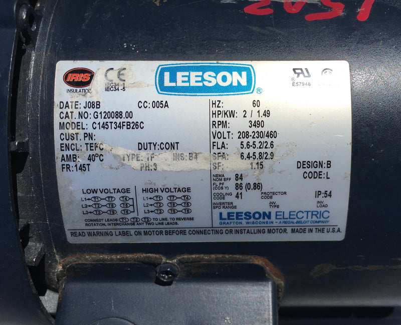 Leeson Electric Motor C145T34FB26C 2 HP 3 PH 208-230 V
