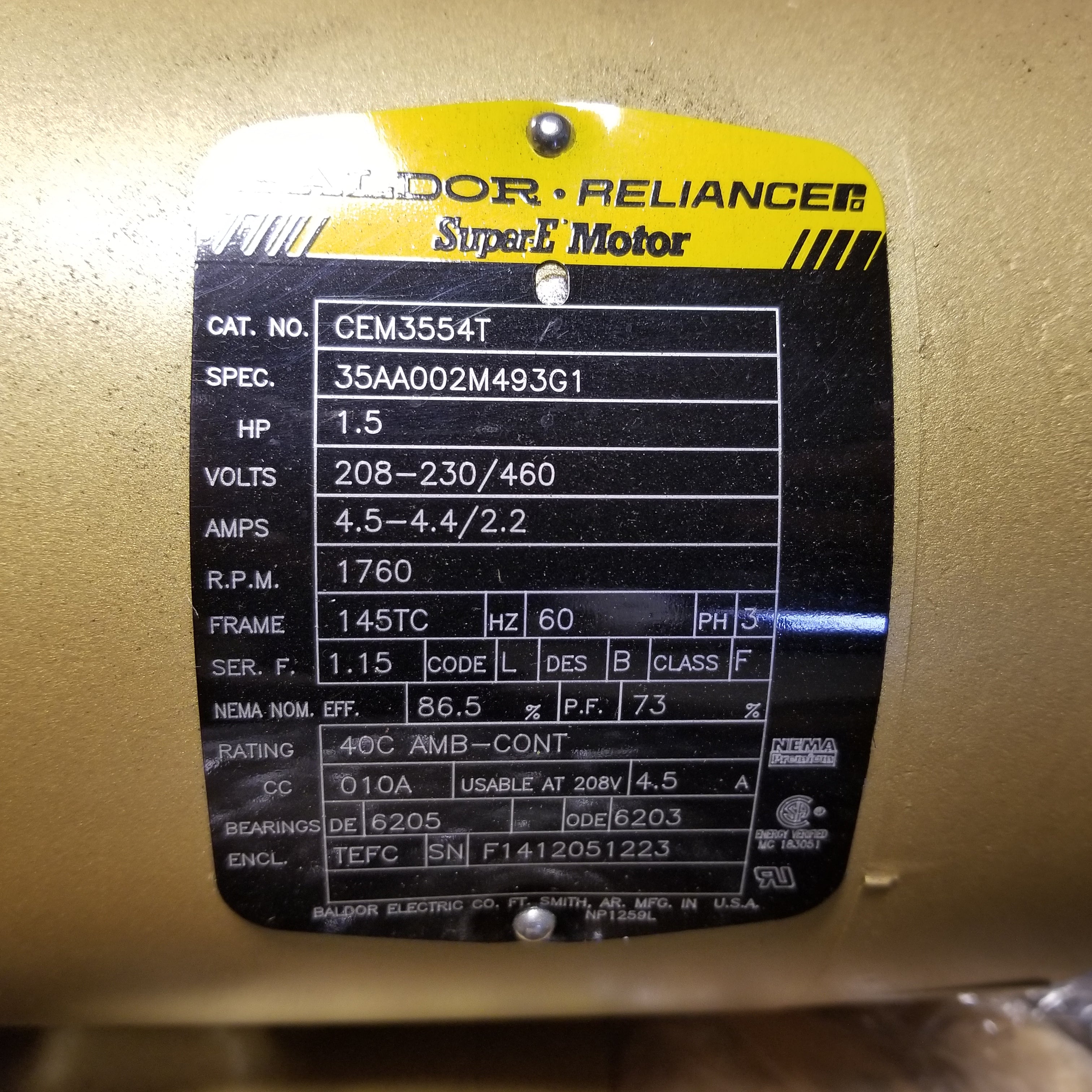 Baldor CEM3554T Super-E 3-Phase 1-1/2HP Electric Motor 1760 RPM