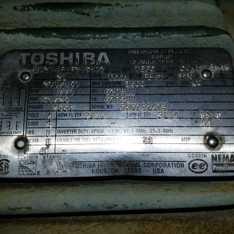 Toshiba B0204FLF2USH02 20HP 215T 3 Phase Motor