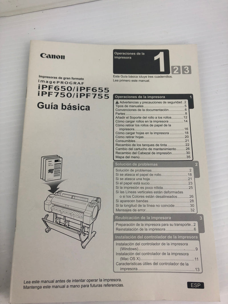 Canon iPF650/iPF655/iPF750/iPF755 Basic Guide in 3 Languages