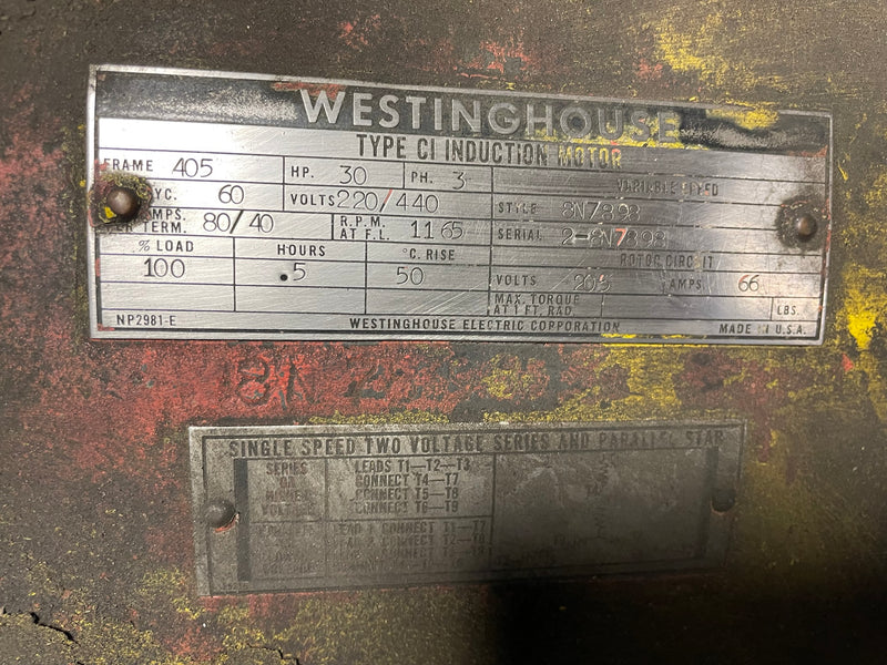 Westinghouse Induction Crane Motor 8N7898 30 HP 220/440V 3PH 1165 RPM