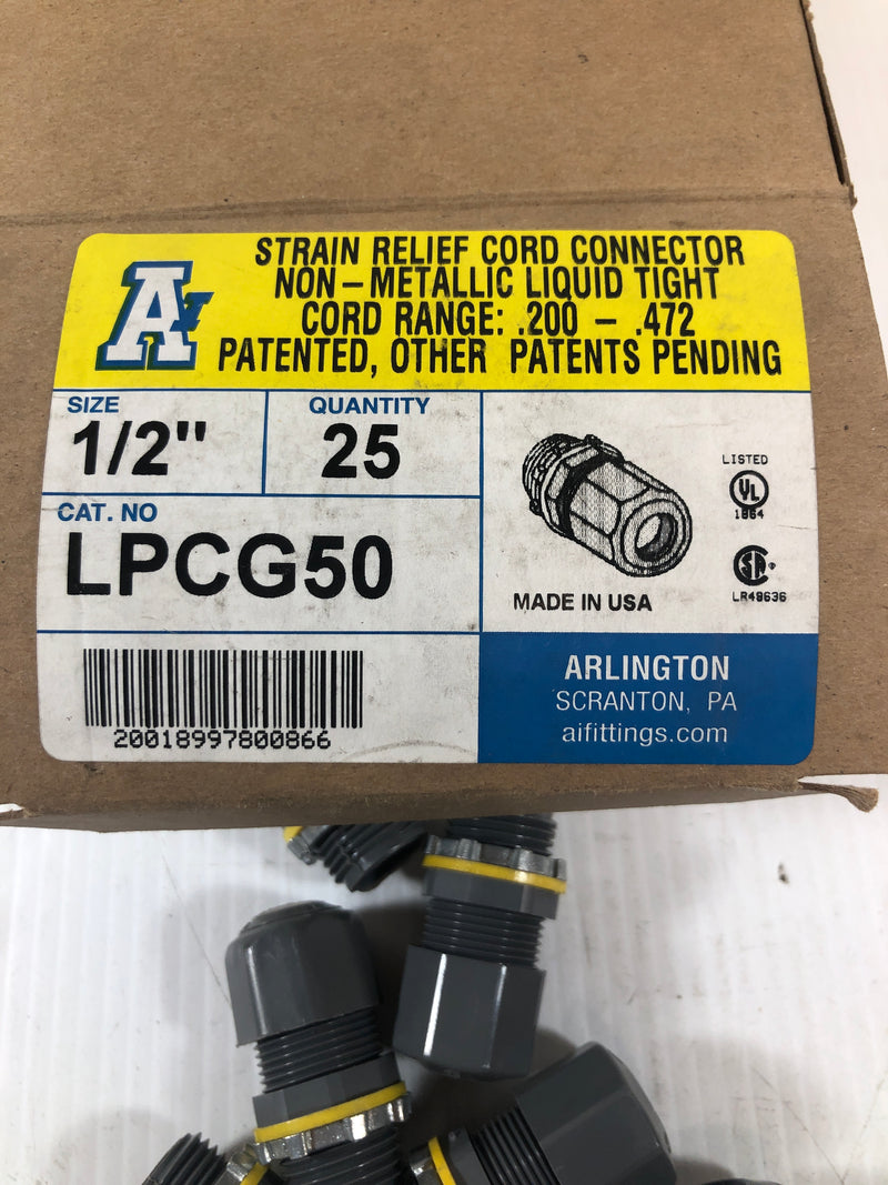 Arlington Strain Relief Cord Connector Liquid Tight 1/2 LPCG50 Box of 25 –  Metal Logics, Inc.