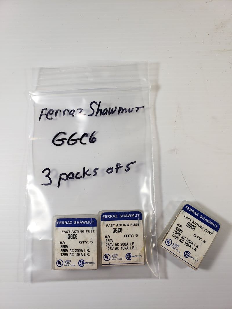 Ferraz Shawnut Fuses Fast Acting GGC6 250V 6A 3 Packs of 5