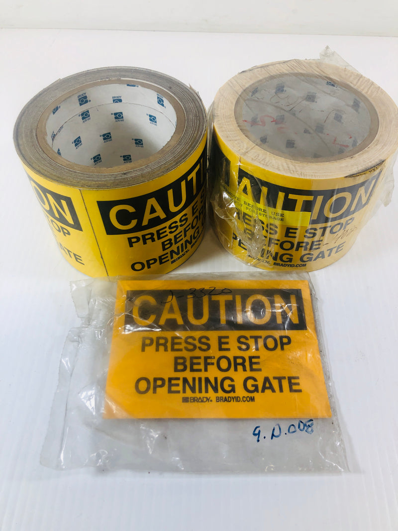 Brady Caution Stickers "Press E Stop Before Opening Gate" Yellow 3-1/2" x 5"