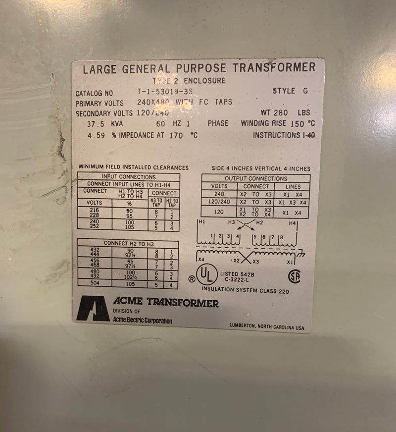 Acme Transformer T-1-53019-3S 37.5 KVA 120/240 Volts