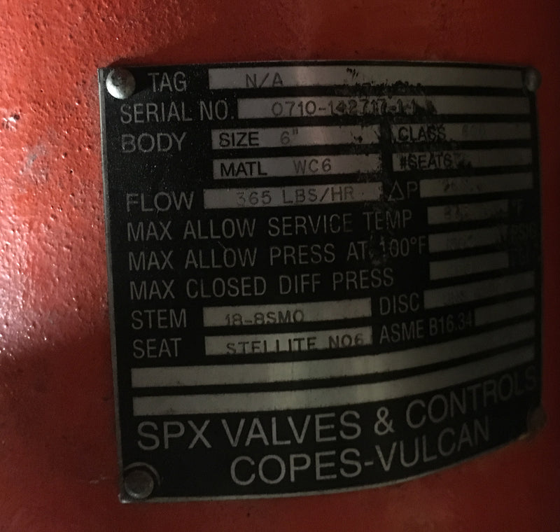 SPX Valves & Controls Copes-Vulcan 6" 1500 PSIG 365 Flow