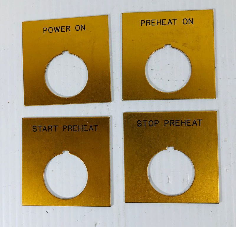 4 Gold Legend Plates "Power On" "Start Preheat" "Preheat On" "Stop Preheat"