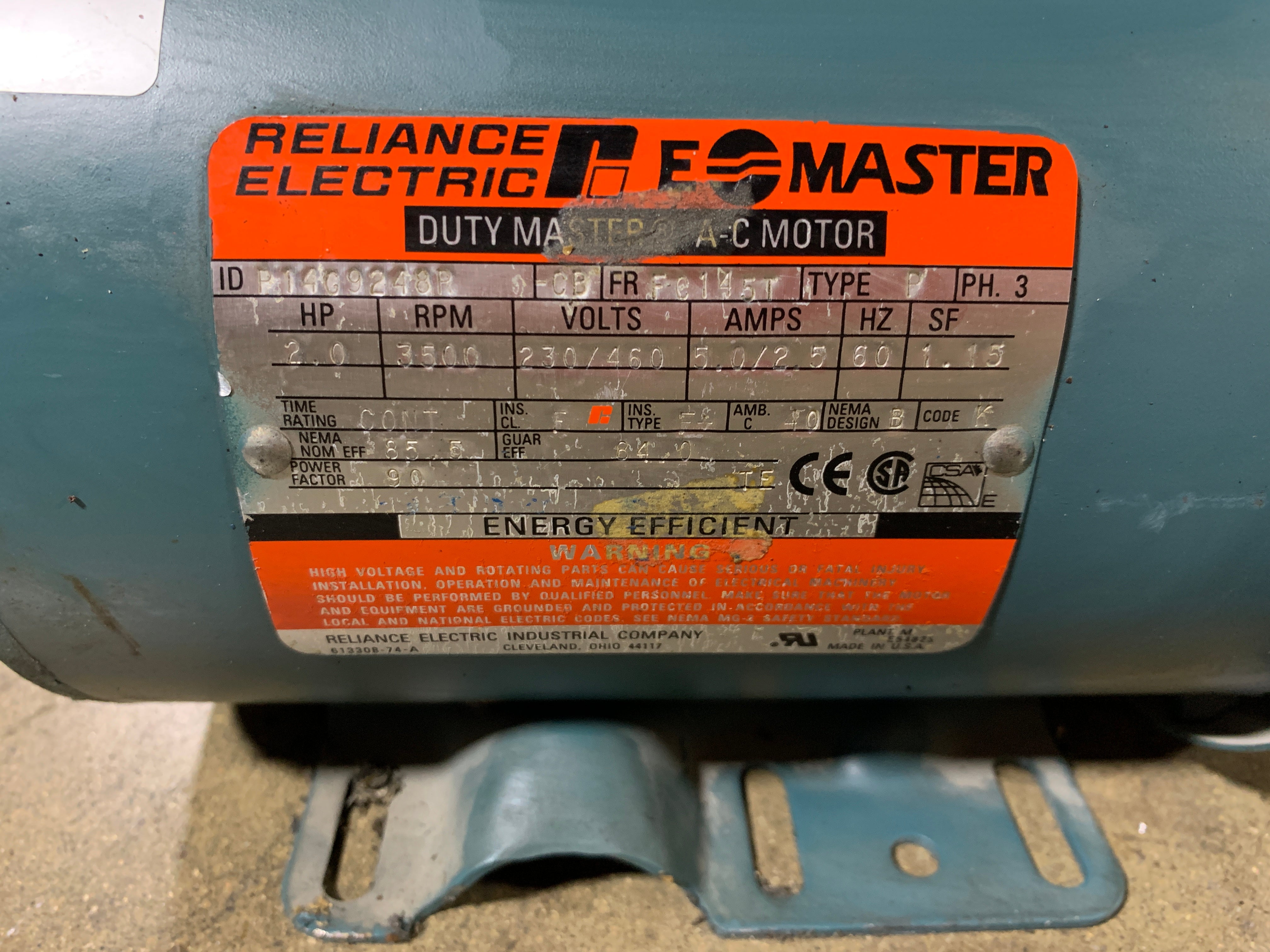 Reliance Electric AC Motor P14G9248P 2 HP 3 PH 3500 RPM