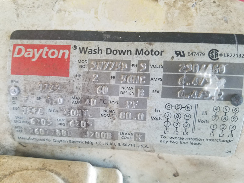 Dayton 3N775D 3-Phase 2 HP Wash-Down Motor 1725 RPM