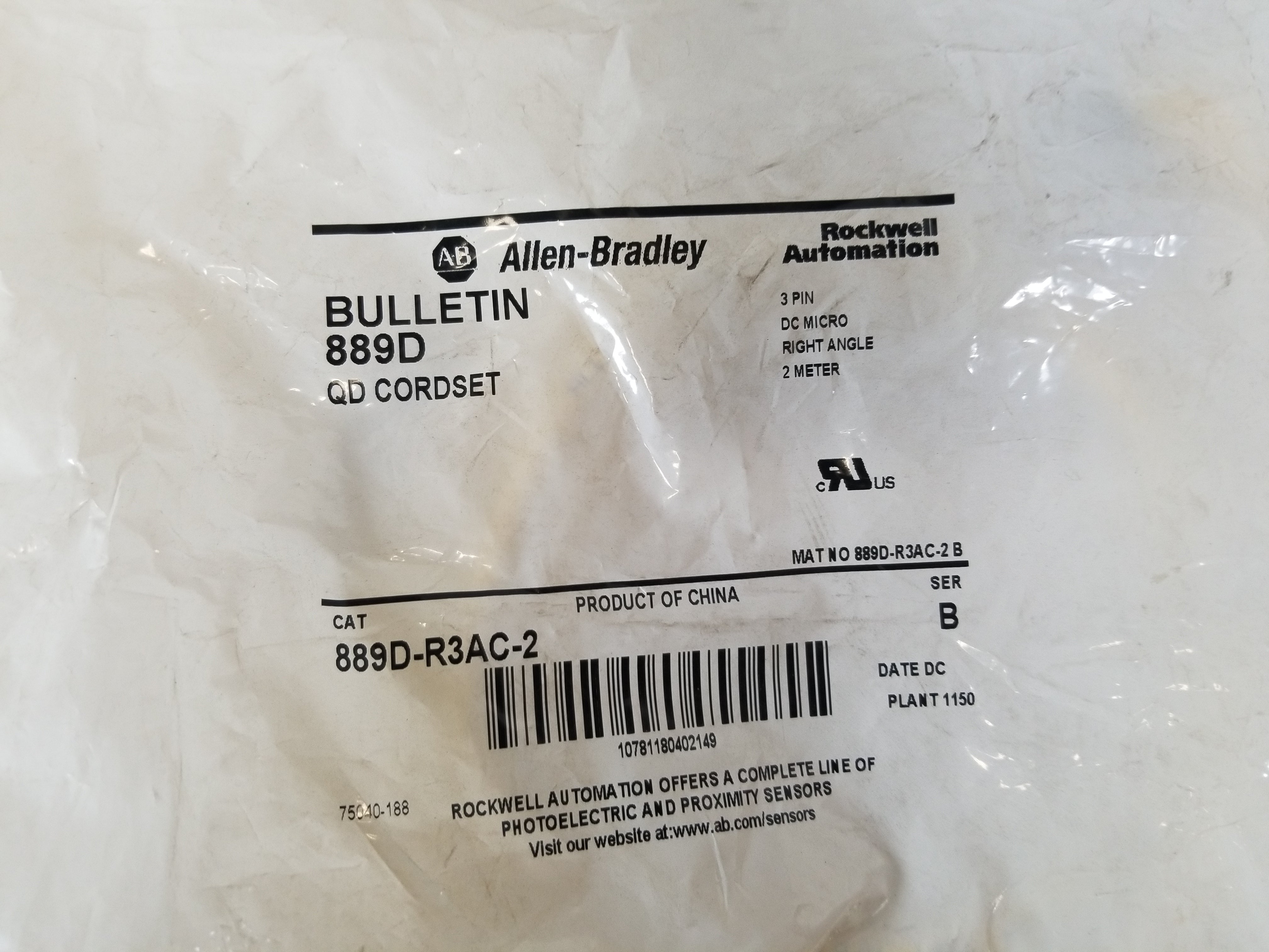 Allen-Bradley 889D-R3AC-2 Cordset 3 Pin DC Micro Right Angle 2M