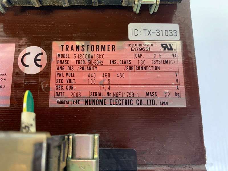 Nunome Transformer SH2000W16K0 1 PH 440/460/480 Volt