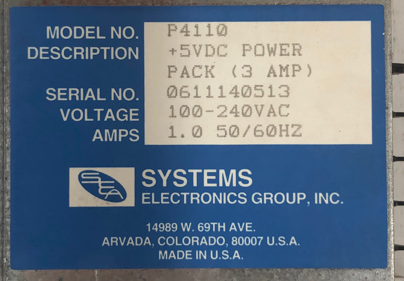 Systems Electronics Group Inc. Power Pack P4110 5VDC 3 AMP