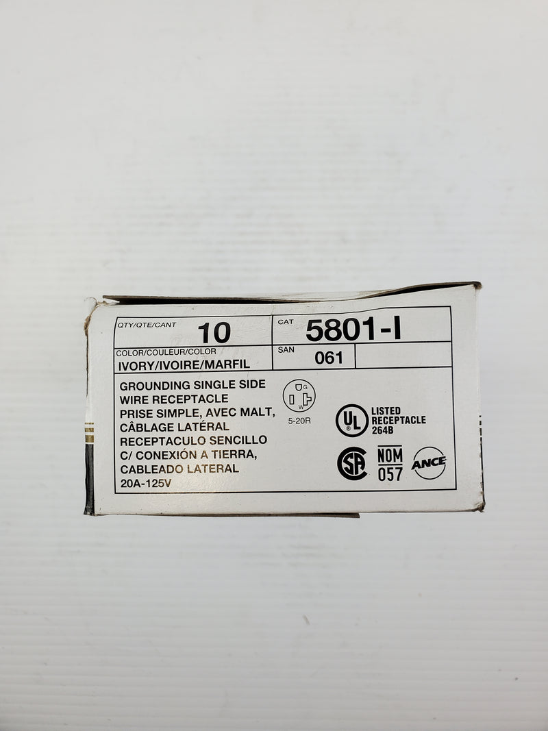 Leviton 5801-I Ivory Grounding Single Side Wire Receptacle (Box of 7)