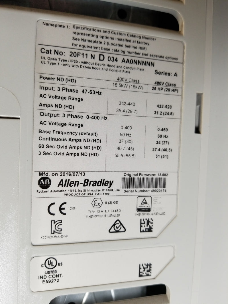 Allen-Bradley 20F11ND034AA0NNNNN PowerFlex 753 25HP Drive