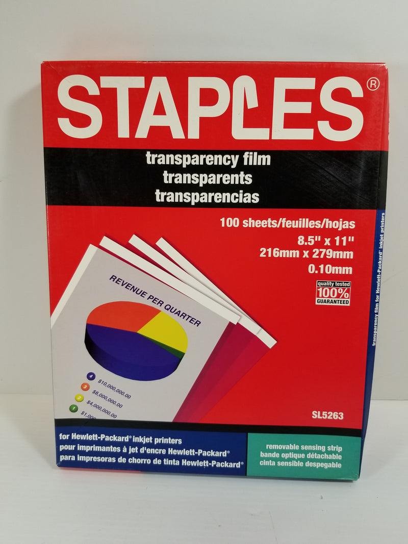 Staples Transparency Film 100 Sheets 8.5" x 11" SL5263 for HP Inkjet Printers