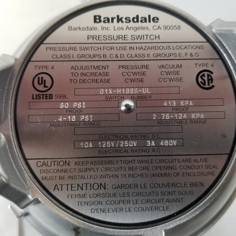 Barksdale 01X-H18SS-UL Pressure Switch