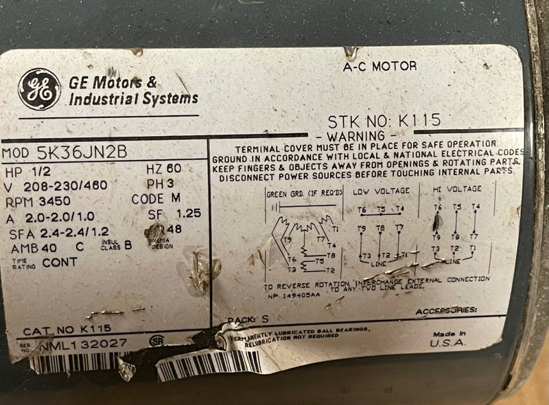 GE Motors 5K36JN2B 1/2 HP 3450 RPM 60 HZ 3 Phase