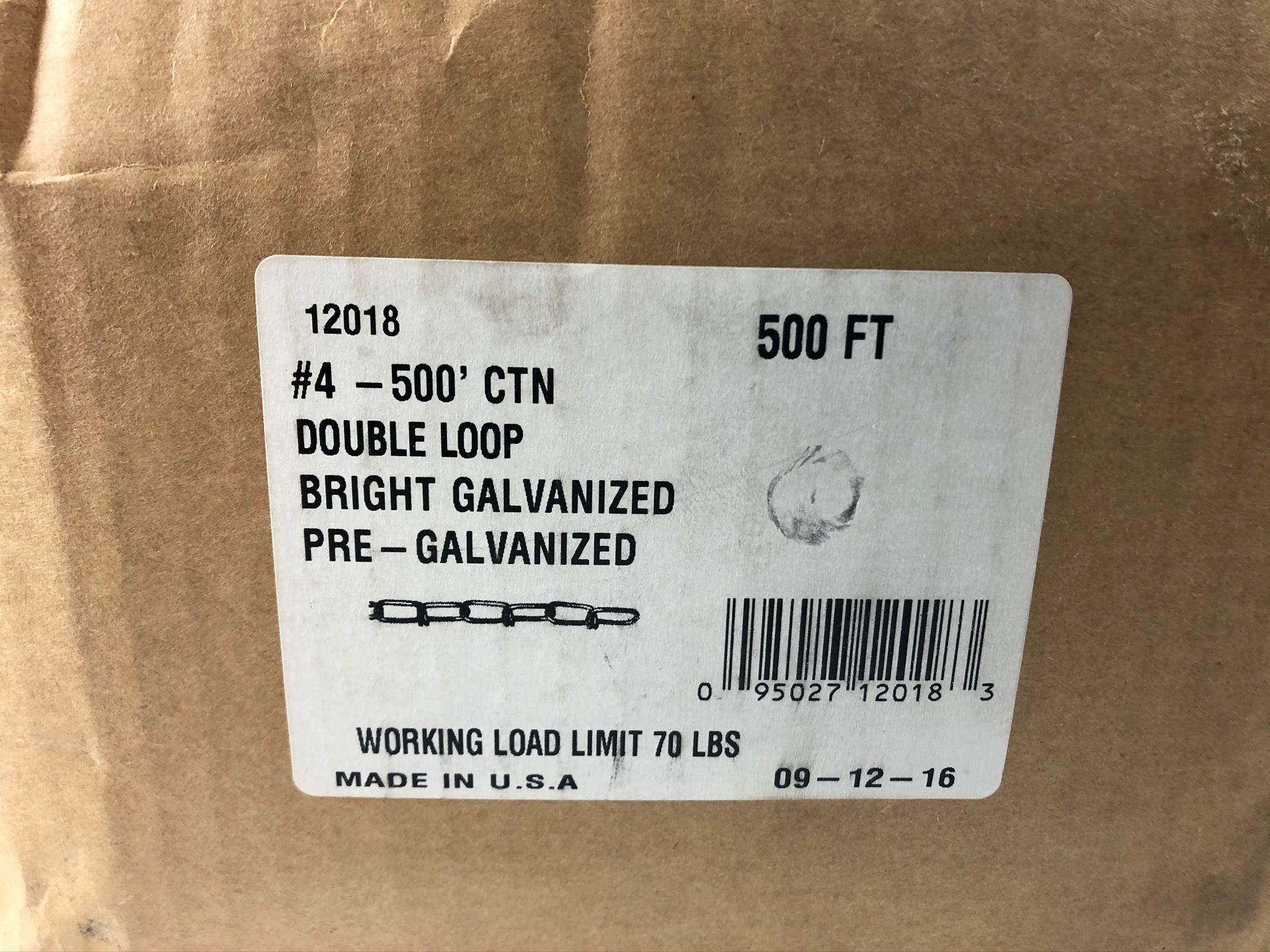 Double Loop Chains 500' Bright Galvanized 12018 Pre-Galvanized WLL 70# Size #4