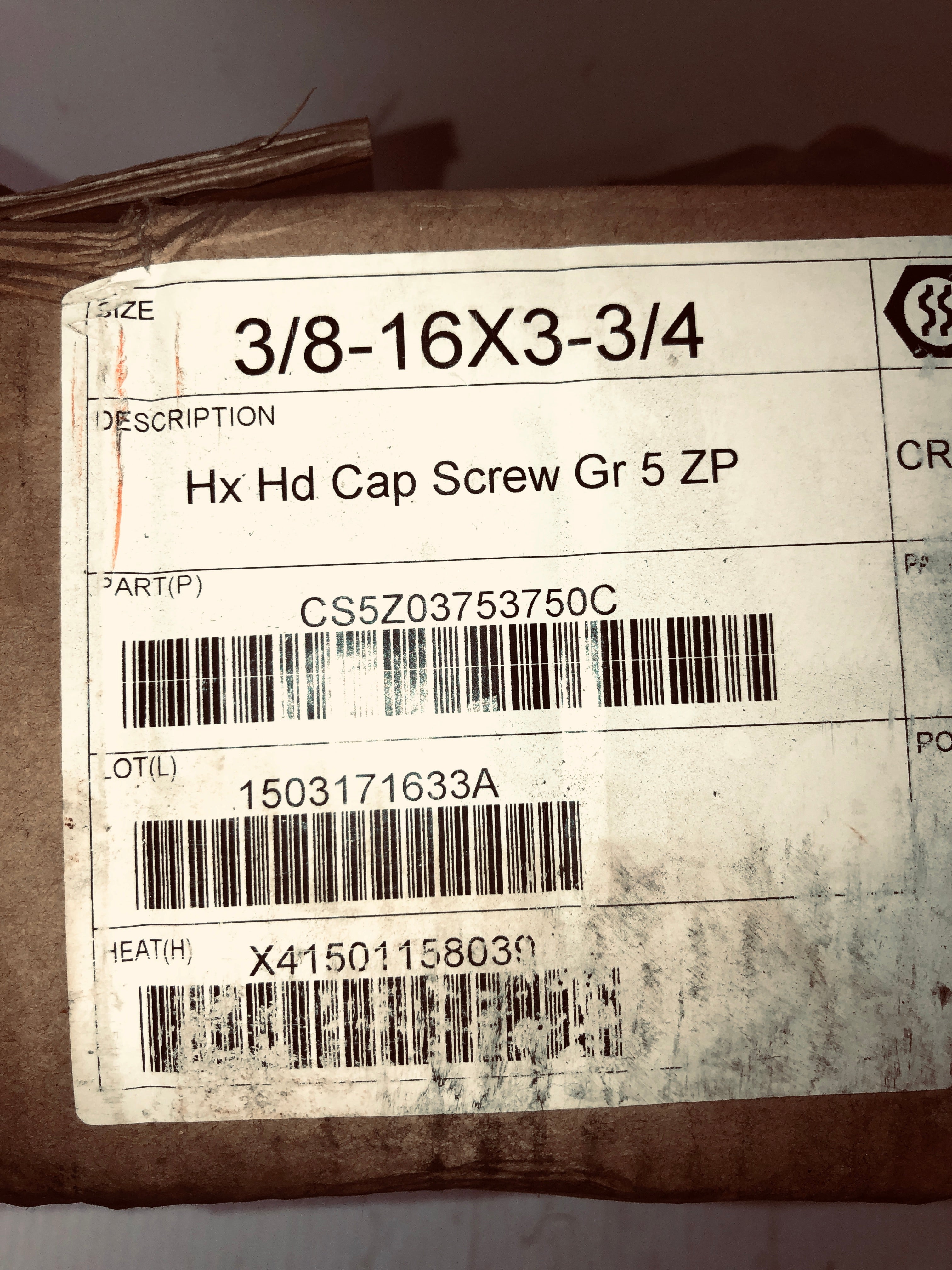 HX HD Cap Screw GR 5 ZP 3/8 - 16 x 3 - 3/4 CS5Z03753750C Case of 250